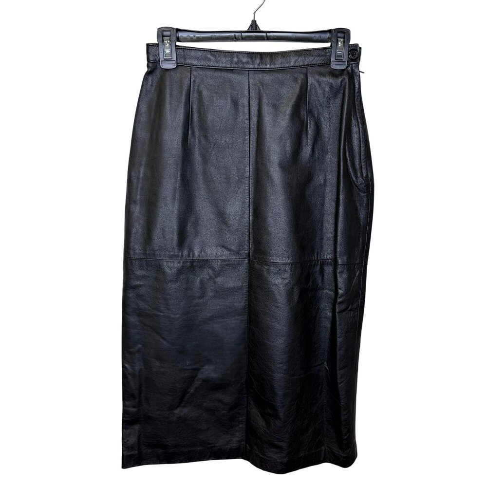 Vintage 80’s Avon Fashions Black Leather Midi Pencil Skirt Goth Grunge Size 7/8